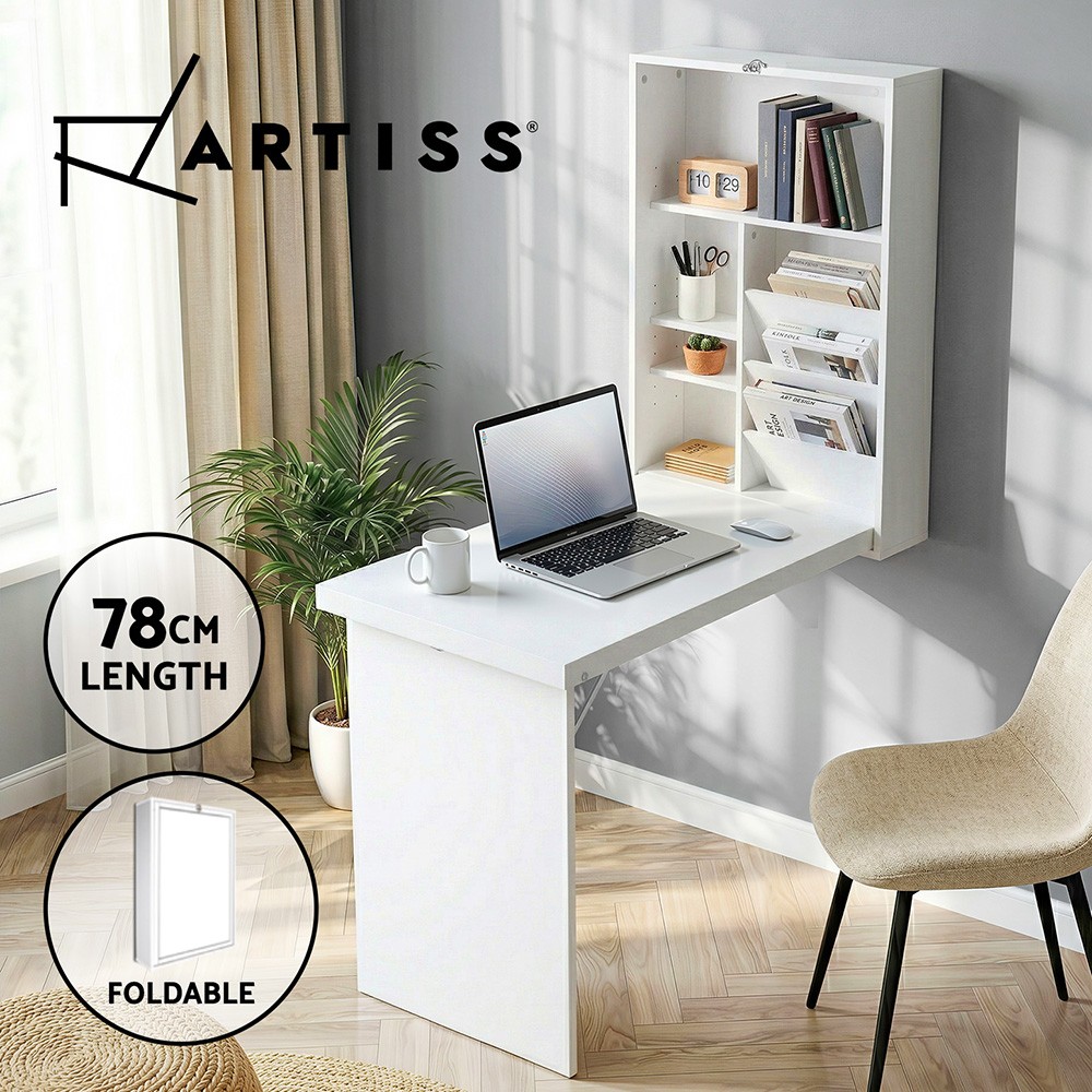 Artiss Wall Mount Foldable Computer Desk Bookshelf White DESK-WALL-WH 78cm Study