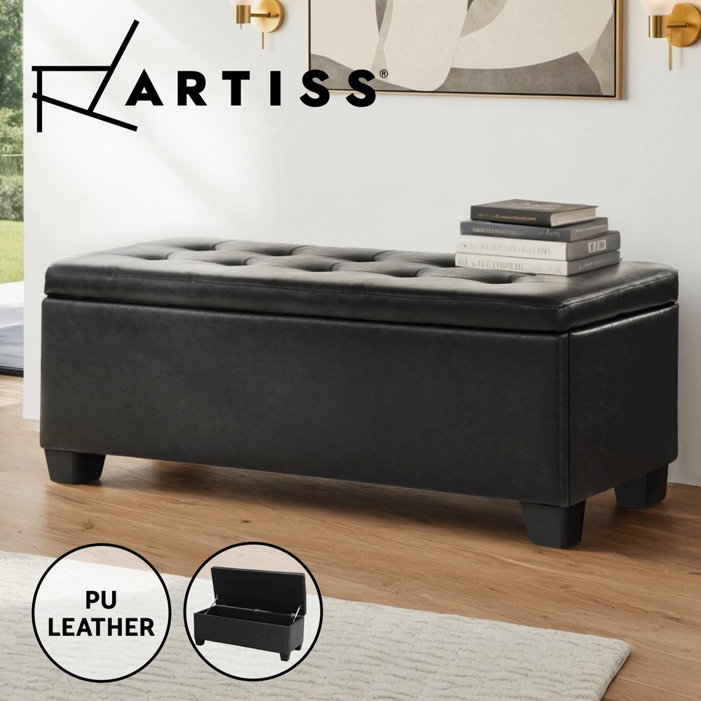 Artiss Storage Ottoman Bench 97cm Faux Leather Black Lift-up Compartment 100kg