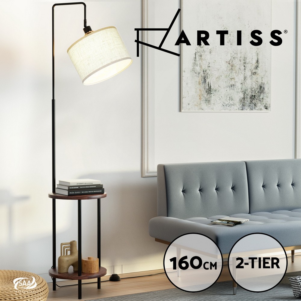 Artiss Modern Shelf Floor Lamp 2-Tier 3-Tier Black Walnut Linen lampshade 163 cm