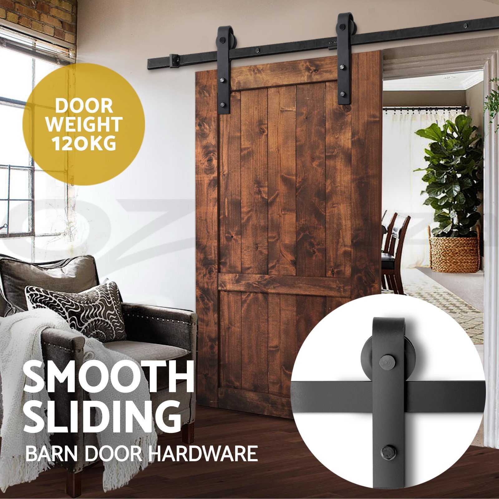 Cefito Barn Door Hardware Sliding Track Set 2m Black Heavy Duty 120kg Roller Kit