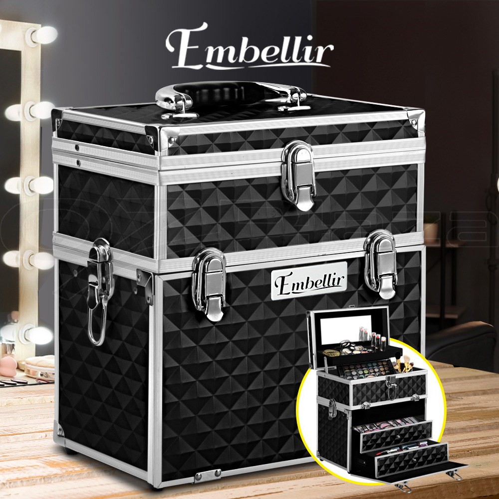 Embellir Makeup Beauty Case Organiser Folding Aluminium Black Sliding Trays