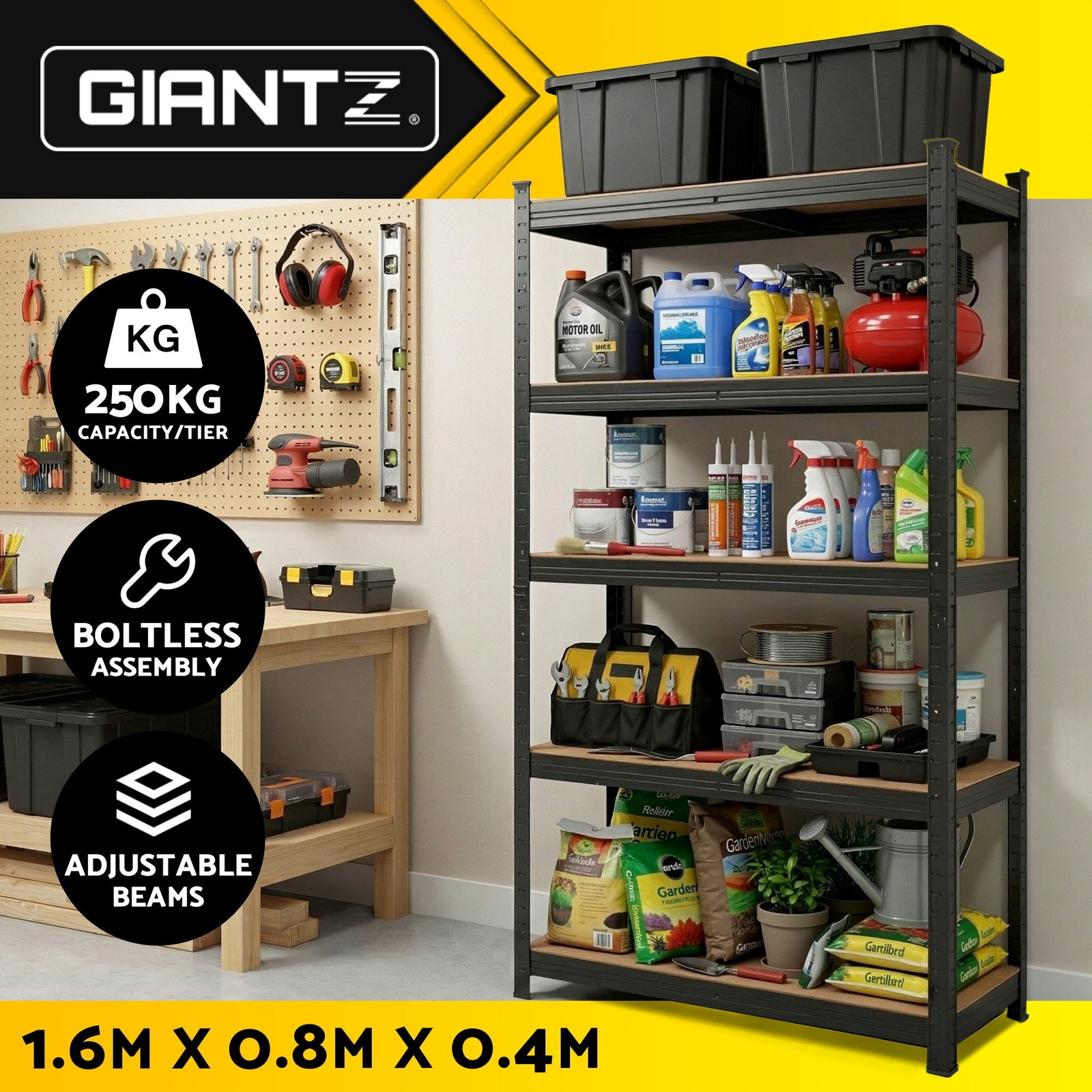 Giantz Garage Shelving Rack 5-Tier Warehouse 1250kg MDF Black 80cm 40cm 160cm