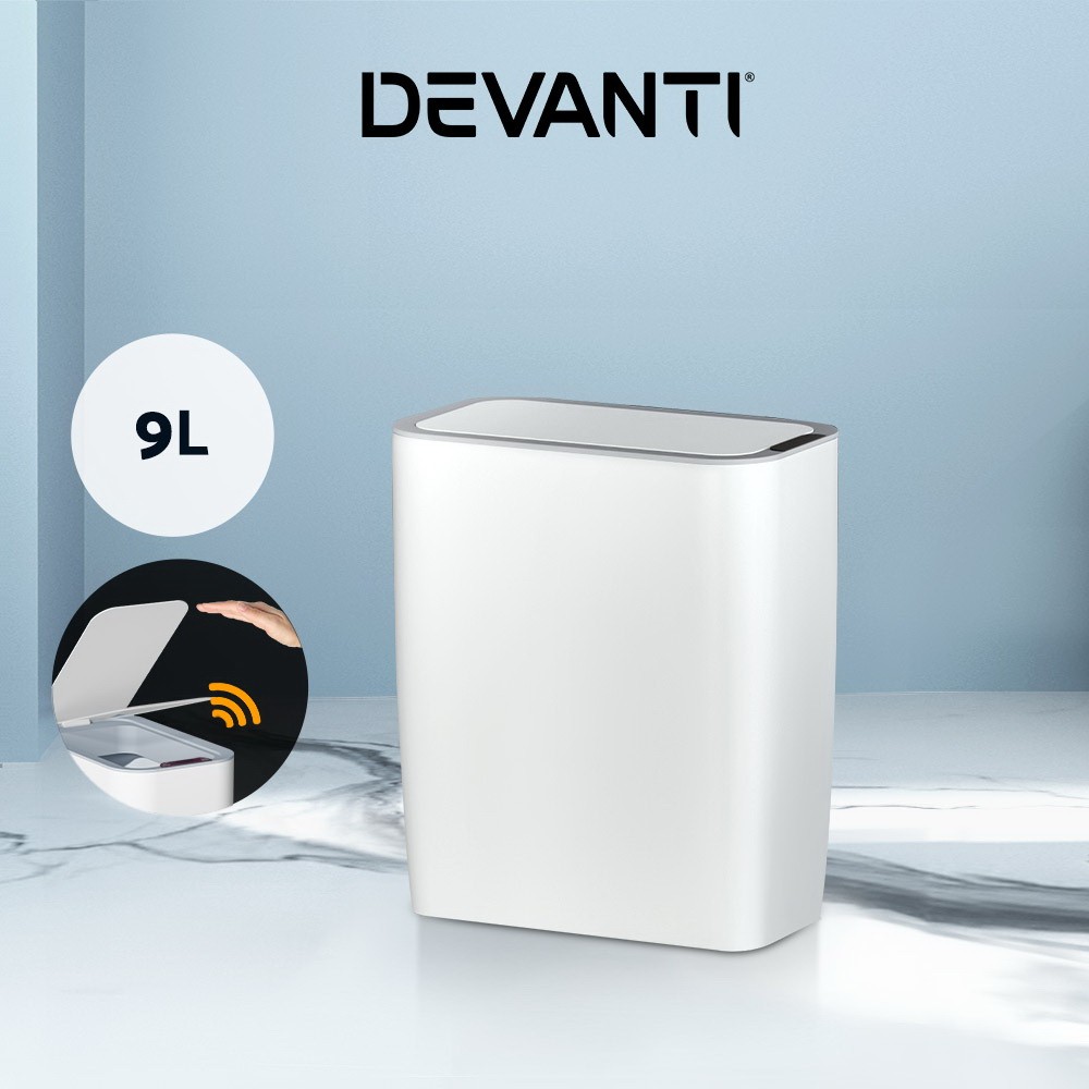 Devanti 9L Motion Sensor Bin Automatic Hands-free White Waterproof Plastic 15cm