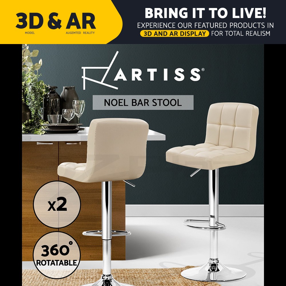 Artiss Noel Bar Stools x2 Gas Lift Swivel Adjustable Beige Chrome Steel Kitchen