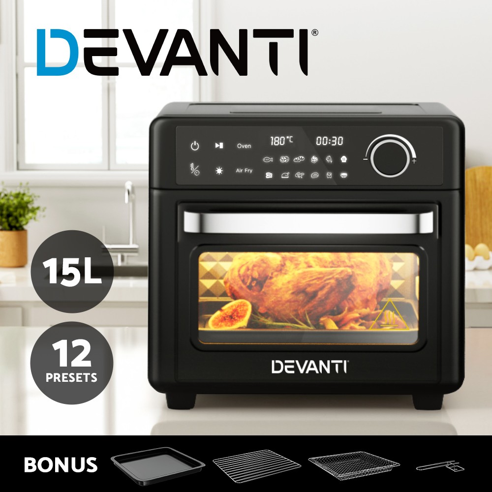 Devanti 15L Air Fryer Oven LCD Touch 1200W Electric Black Free 12 Presets 40-220