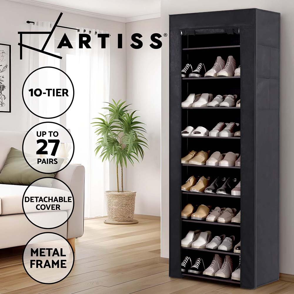 Artiss Shoe Rack Storage Cabinet 10 Tier Stackable Removable Cover Black Metal