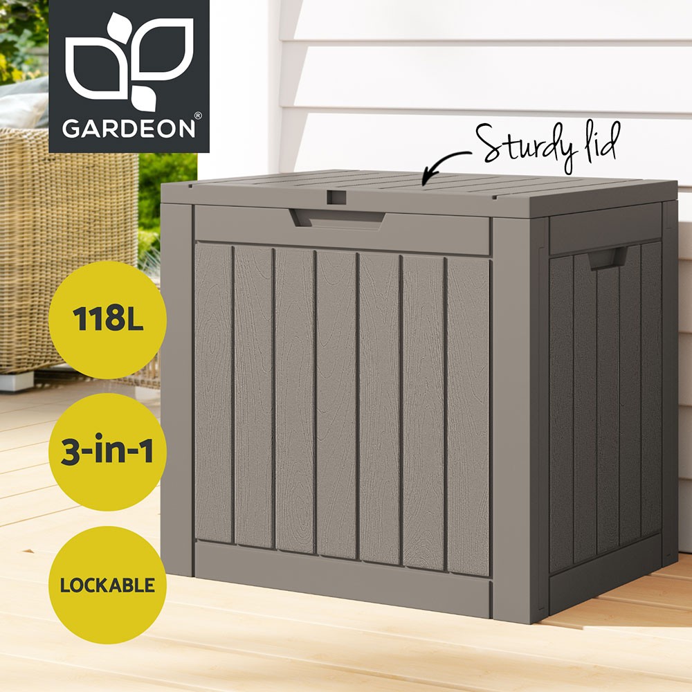 Gardeon Outdoor Storage Box 118L Lockable Garden Tool Grey Polypropylene bench