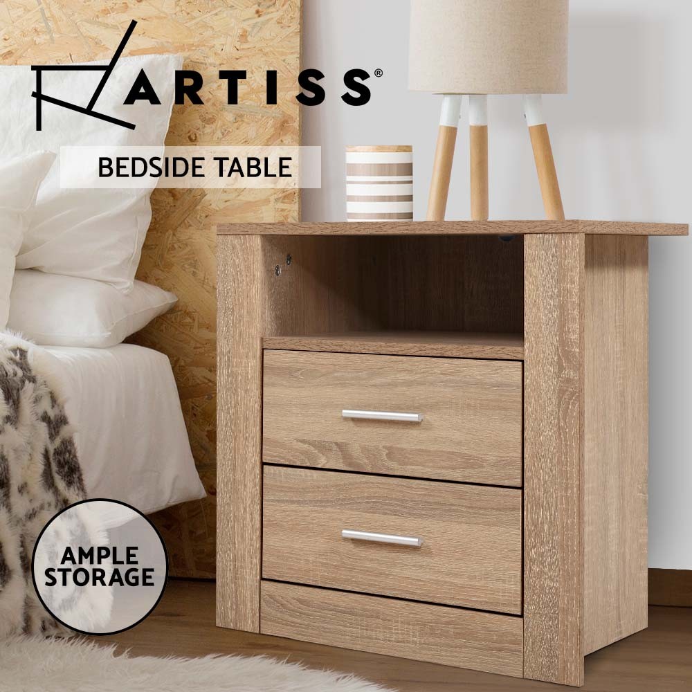Artiss Bedside Table 2 Drawers Storage Cabinet White Oak Modern 52cm 40cm 54cm