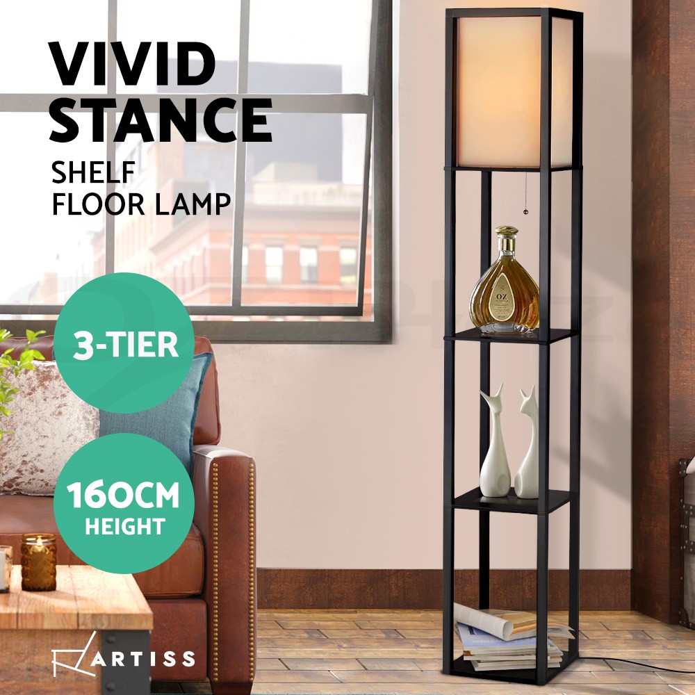 Artiss Shelf Floor Lamp Black/Brown three Shelves E27 60W Pull-string Switch