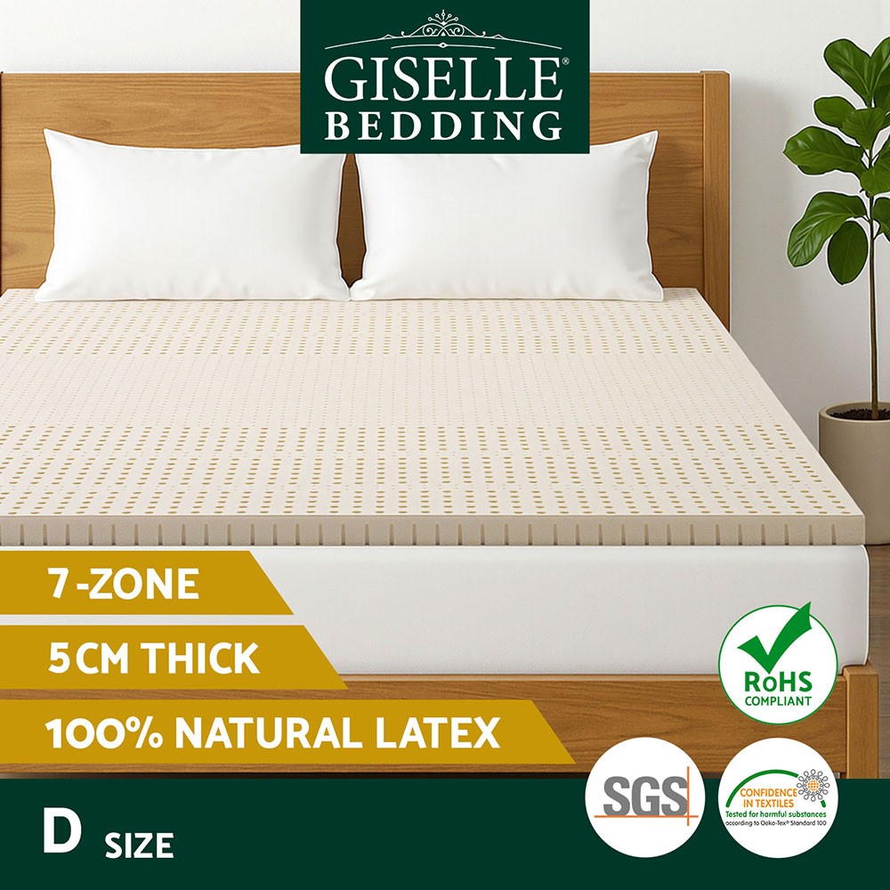 Giselle Bedding 5cm Natural Latex Mattress Topper Double 7 Zone Removable Cover