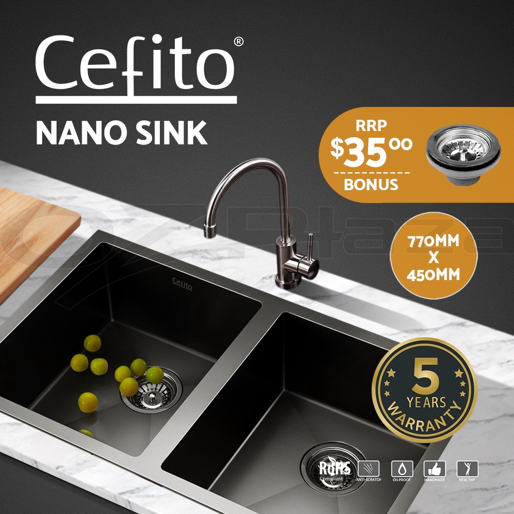 Cefito Kitchen Sink 770x450mm Undermount Stainless Steel 304 Black Double Bowl