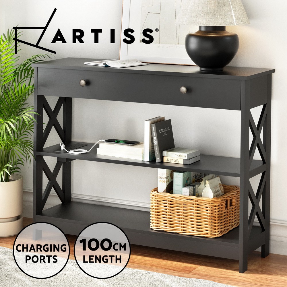 Artiss Console Table 3-Tier Black Drawer Shelf USB Ports AC Outlets 100 30 80 cm
