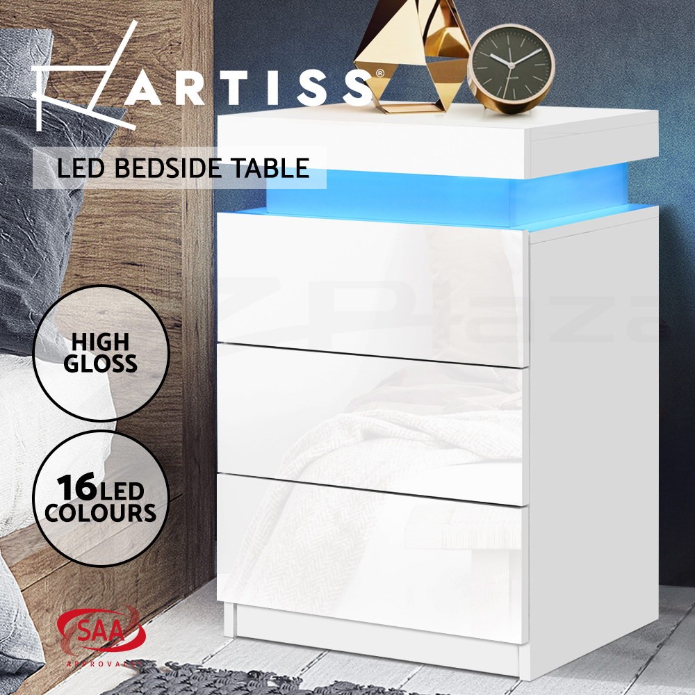 Artiss LED Bedside Table 3 Drawers RGB 16 Colours White Gloss Nightstand Modern