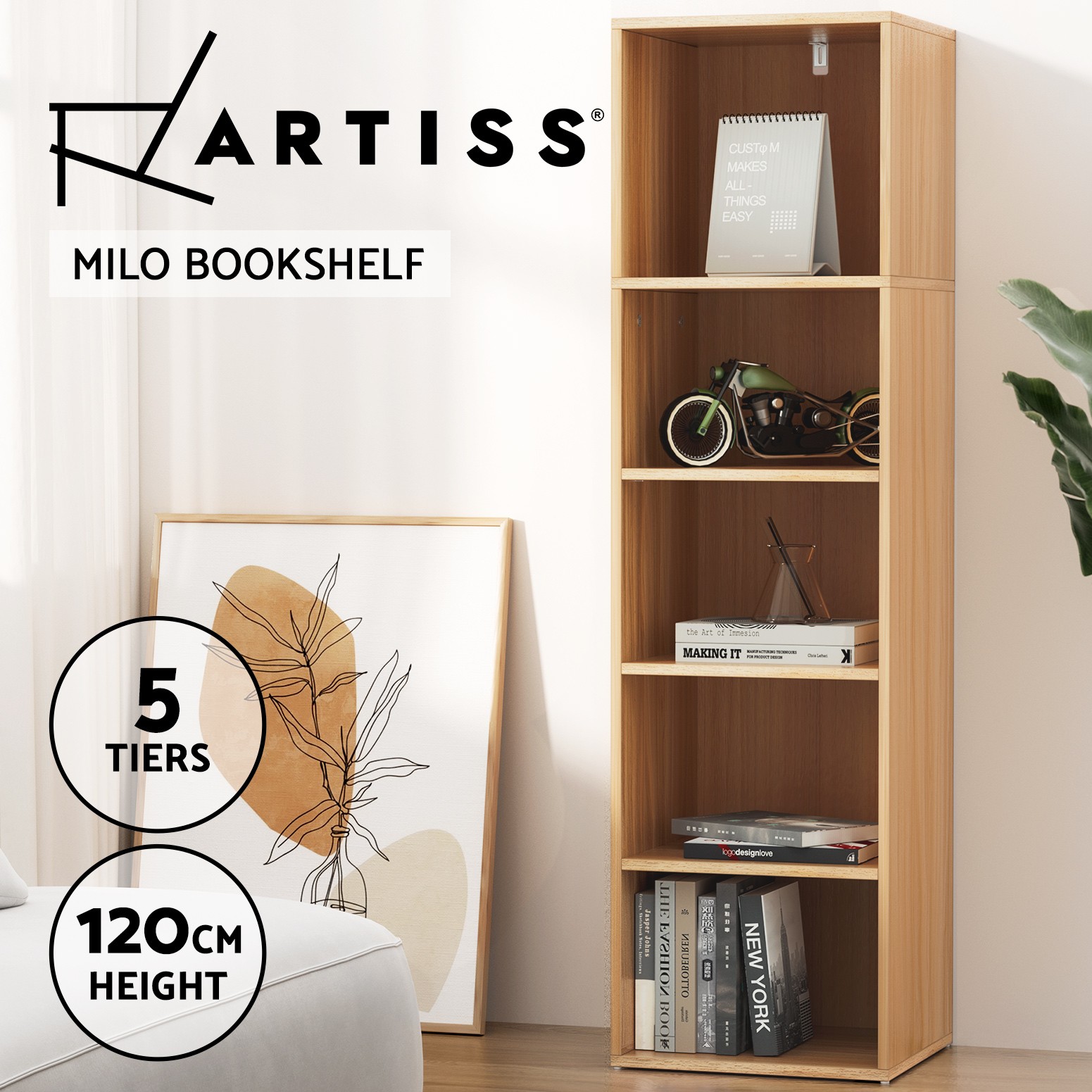Artiss MILO 5 Tiers Bookshelf Bookcase Pine 120cm Free Standing Storage Display