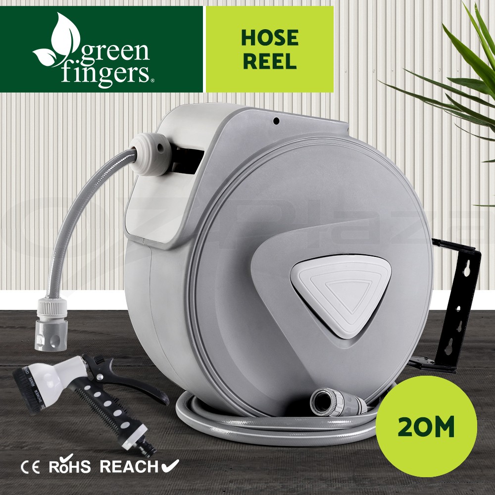 Green Fingers 20m Retractable Hose Reel Auto Rewind Wall Mounted Grey Spray Gun