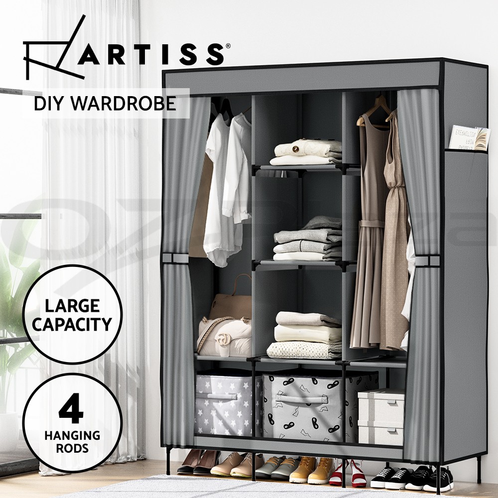 Artiss DIY Fabric Wardrobe Storage Organizer Grey Non-woven Four Hanging Rods