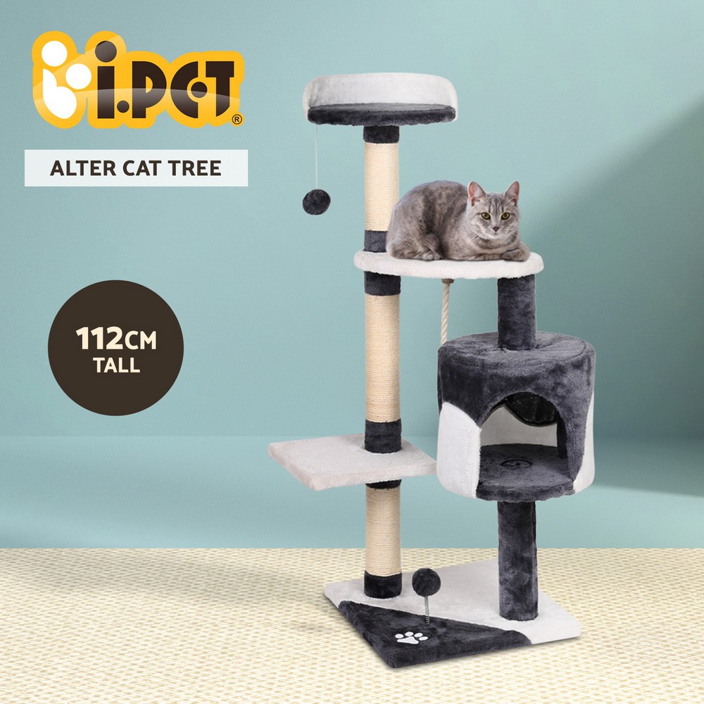 i.Pet Cat Tree Tower 112cm Grey Sisal Scratching Post Plush Velvet Condo 15kg