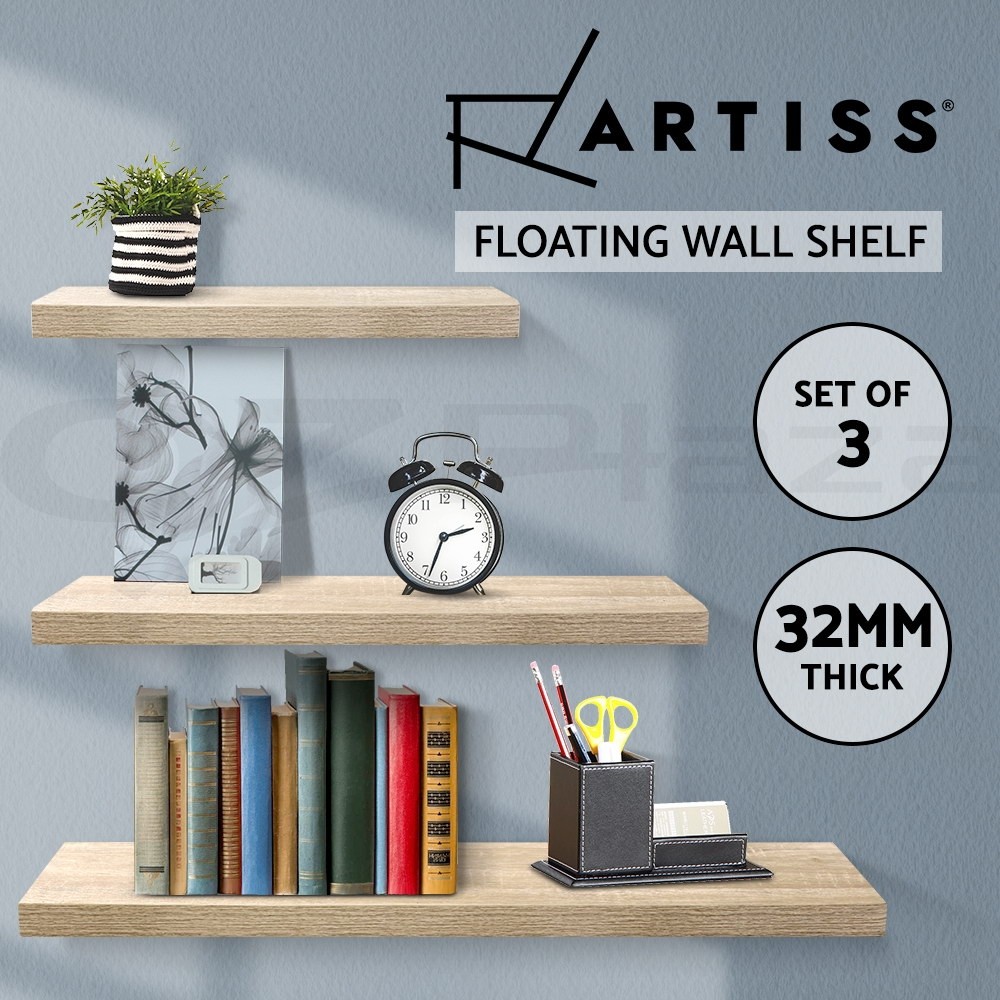 Artiss Floating Wall Shelf Set 3pcs Oak 40cm 60cm 80cm 20cm 10kg Metal Frame DIY