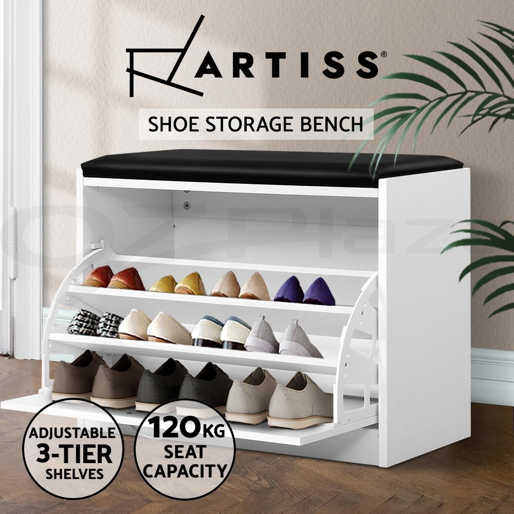 Artiss Shoe Storage Cabinet Bench 3-tier Adjustable Shelf White 63cm 30cm 49cm