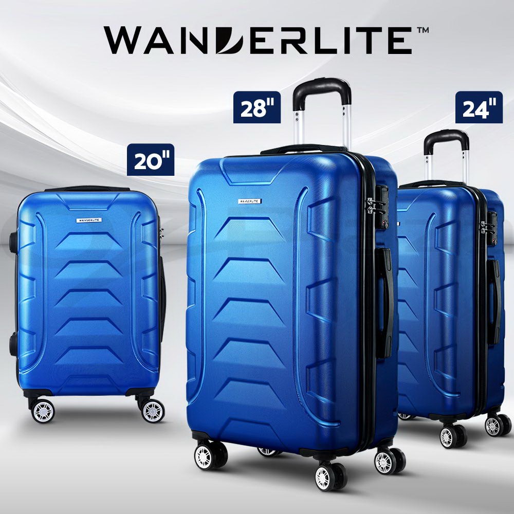 Wanderlite 3pc Luggage Trolley Suitcase Set TSA Hard Shell ABS Blue 20 24 28