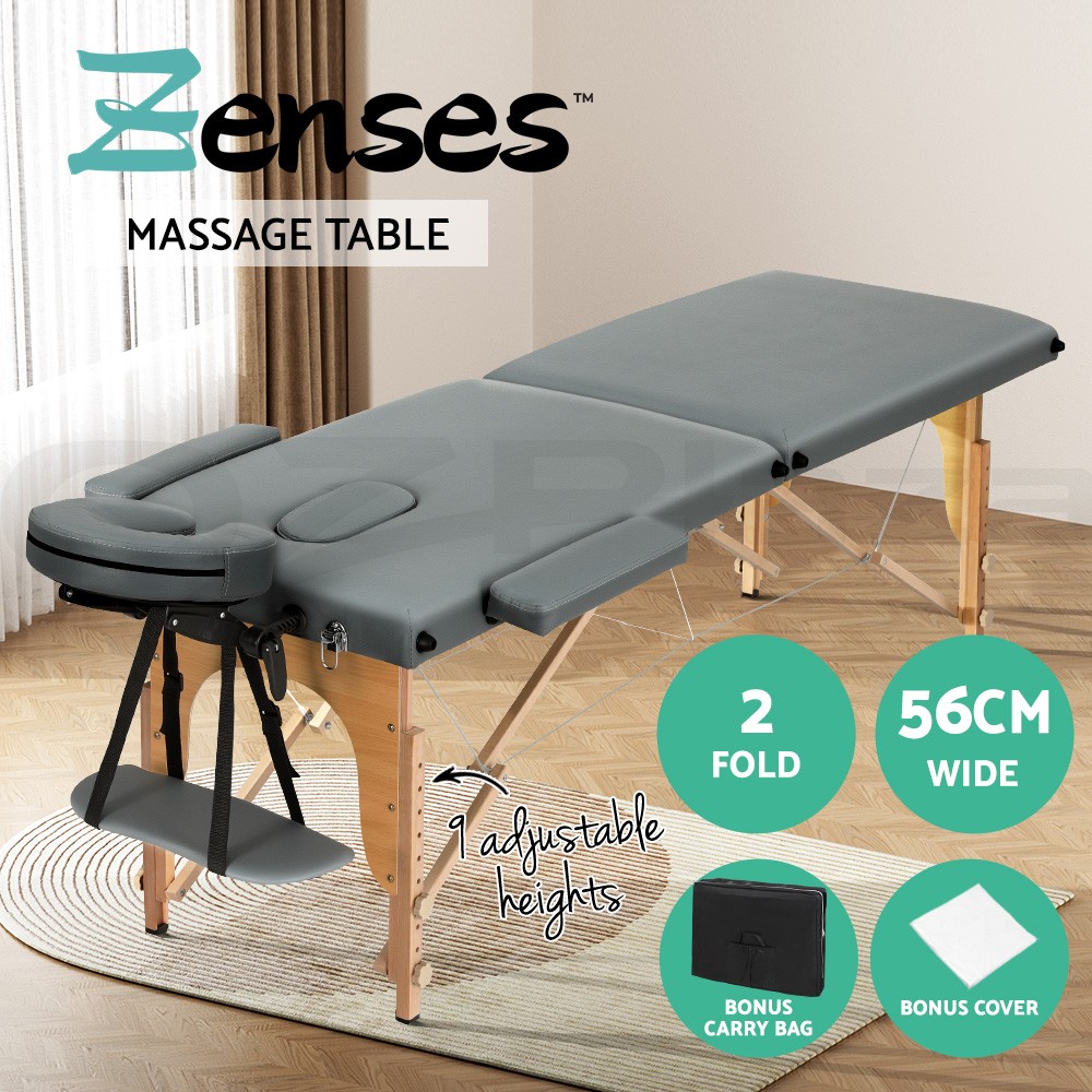 Zenses Massage Table Portable 2 Fold Wooden 56cm Grey 300kg Vinyl Face Cradle