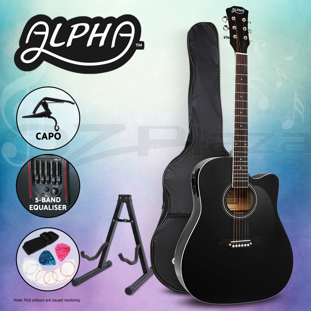 Alpha D-41 41 Inch Electric Acoustic Guitar EQ Capo Black Dreadnought Pickup