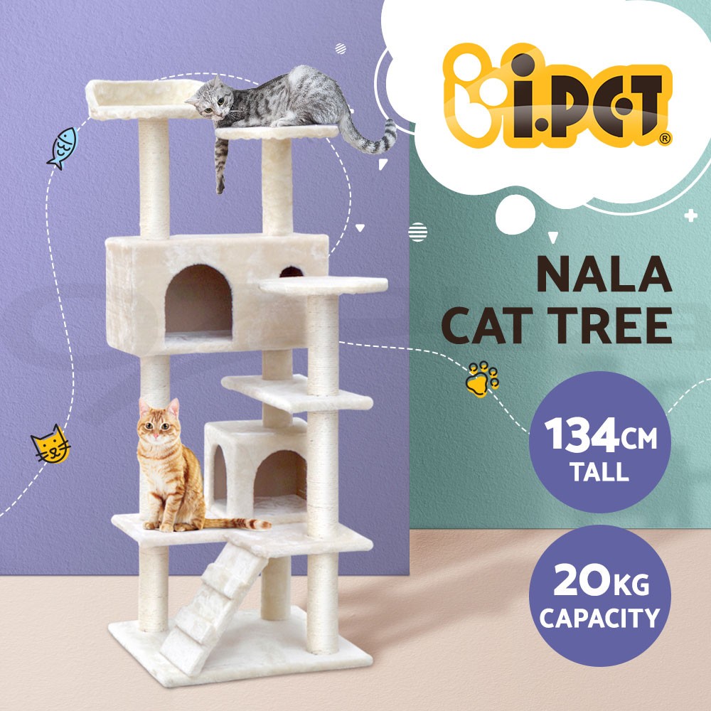 i.PET Cat Tree Scratching Tower 134cm Beige Plush sisal Multi-level Climbing