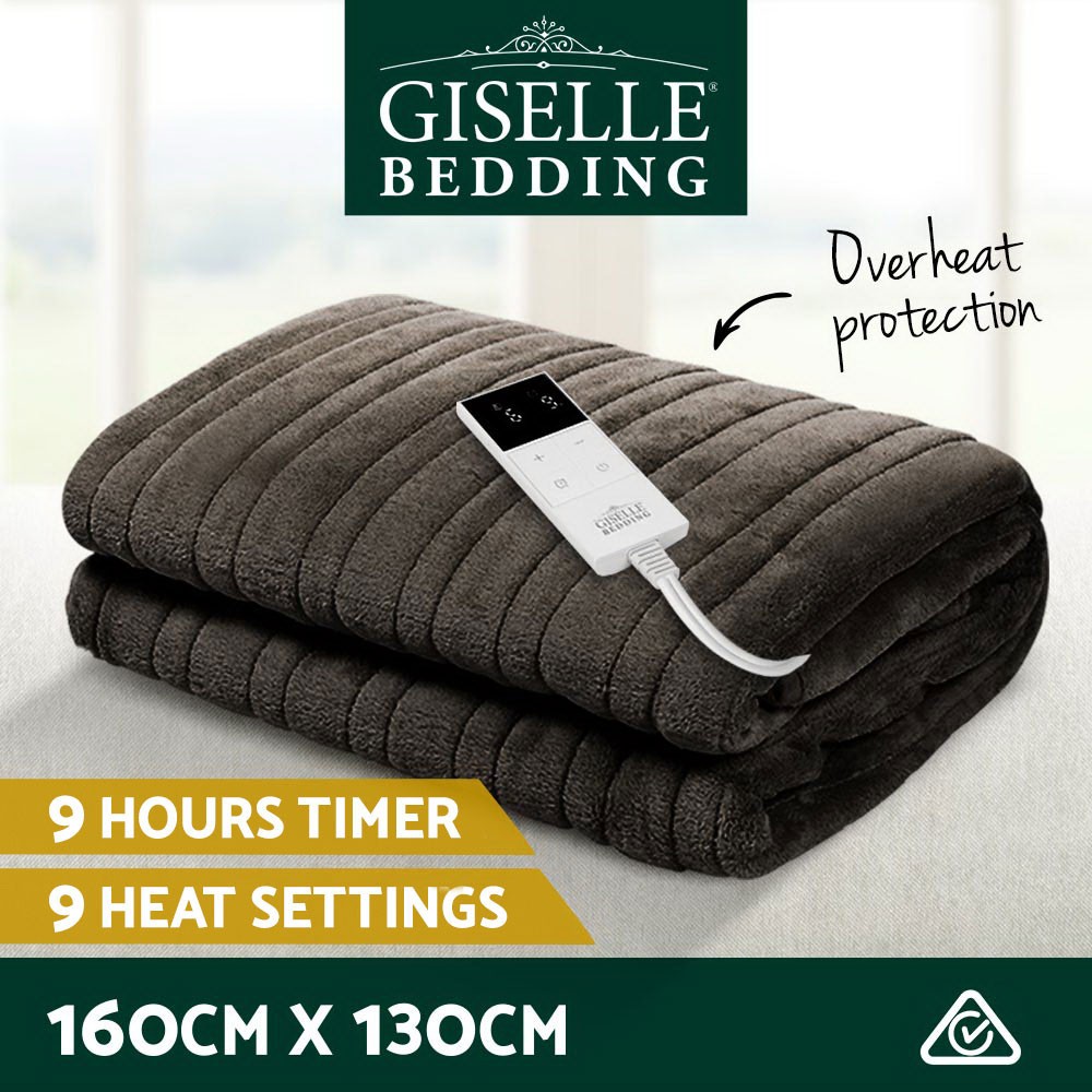 Giselle Electric Heated Throw Rug Blanket Fleece 160cm 130cm Brown 80W 9 hours