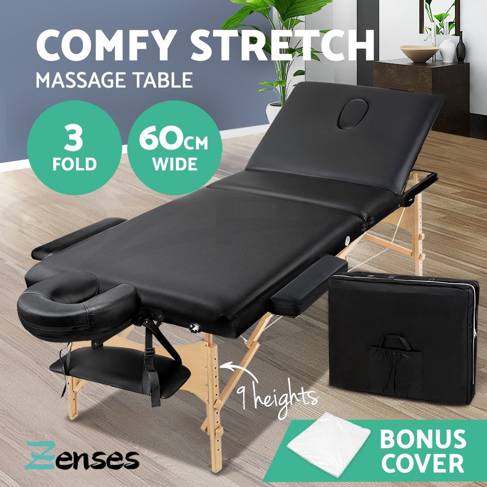 Zenses Massage Table BLACK-60 Portable 3 Fold Wooden 60cm Black Carry Bag 250kg