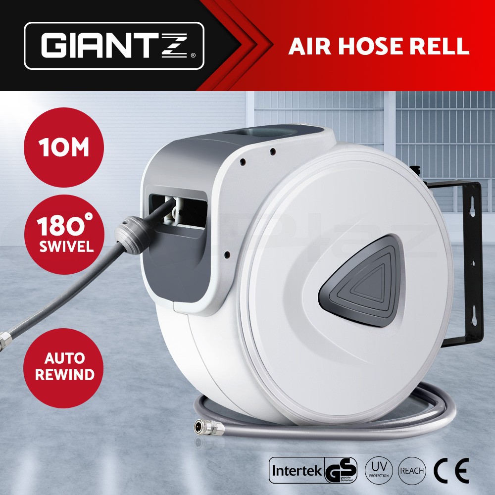 Giantz Air Hose Reel 10m Retractable Compressor Auto Rewind Wall Mount White PVC