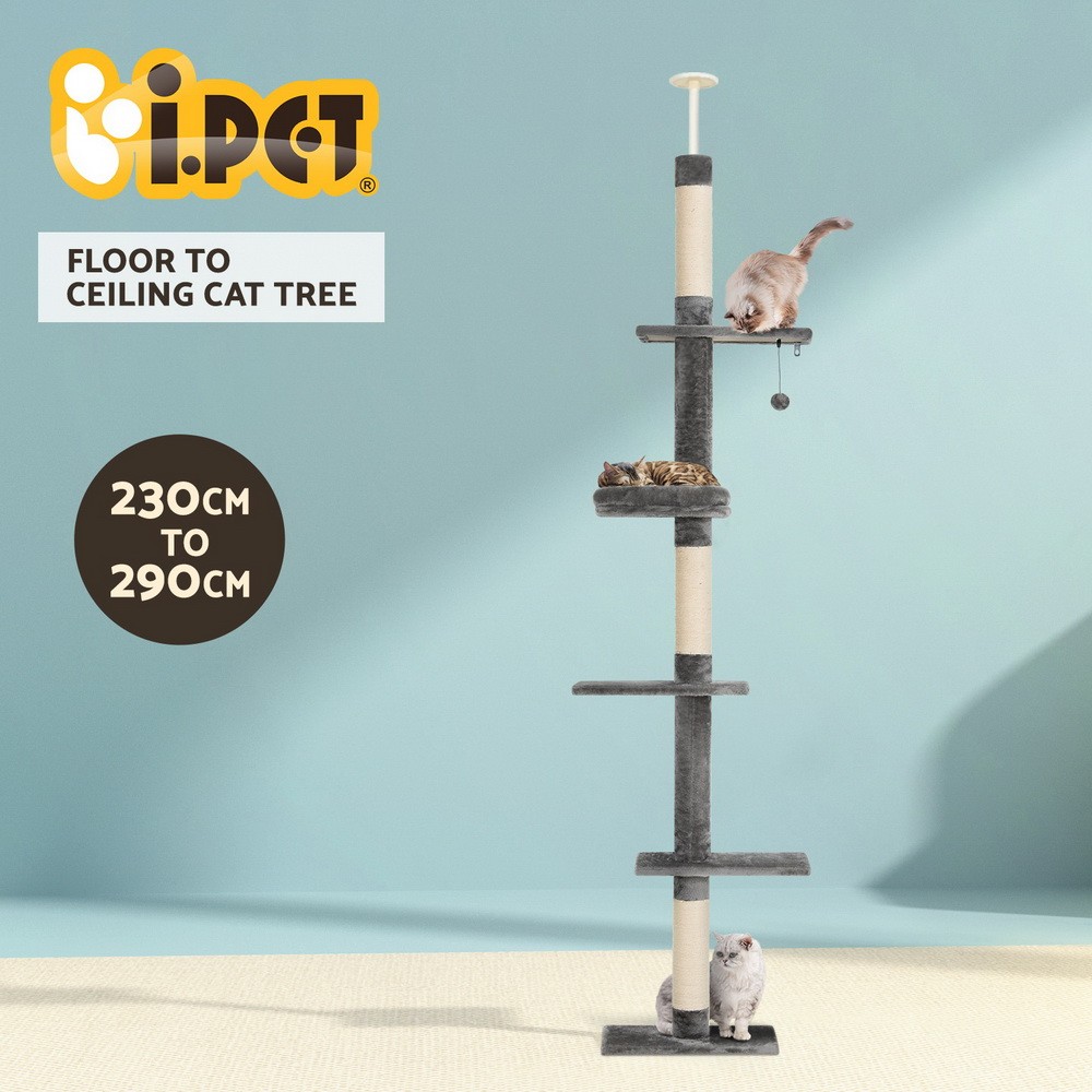 i.Pet Cat Tree Tower 290cm Floor to Ceiling Scratching Post Sisal Grey and white