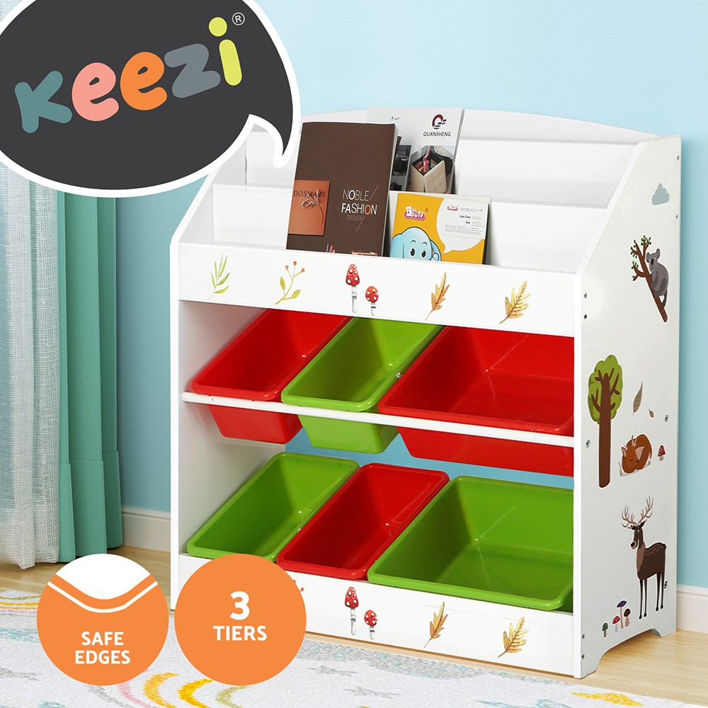 Keezi Kids Bookshelf Toy Box Organiser 6 Plastic Removable Boxes MDF Multicolour