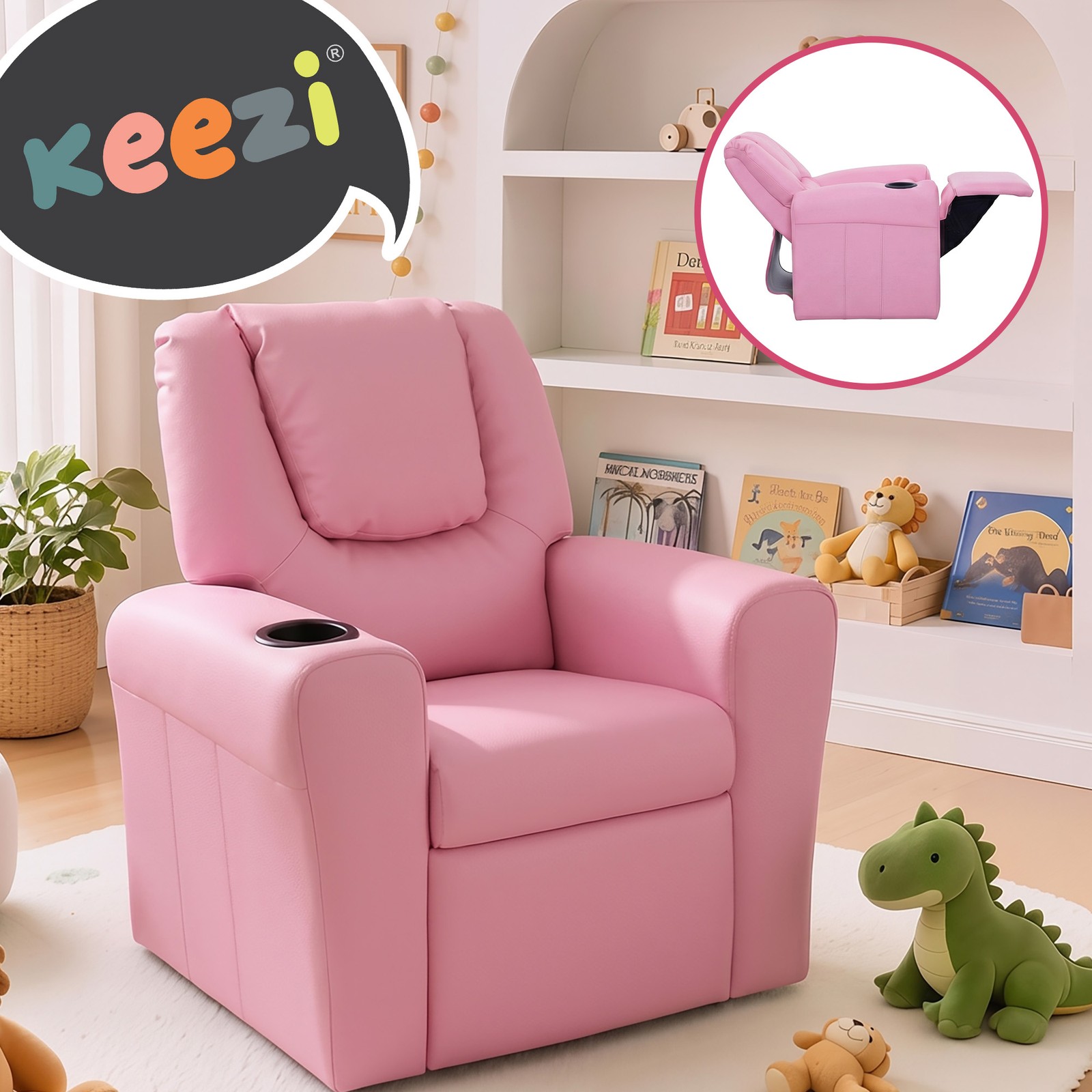 Artiss Kids Recliner Armchair Pink PU Leather Manual Recliner Cup Holder Foam