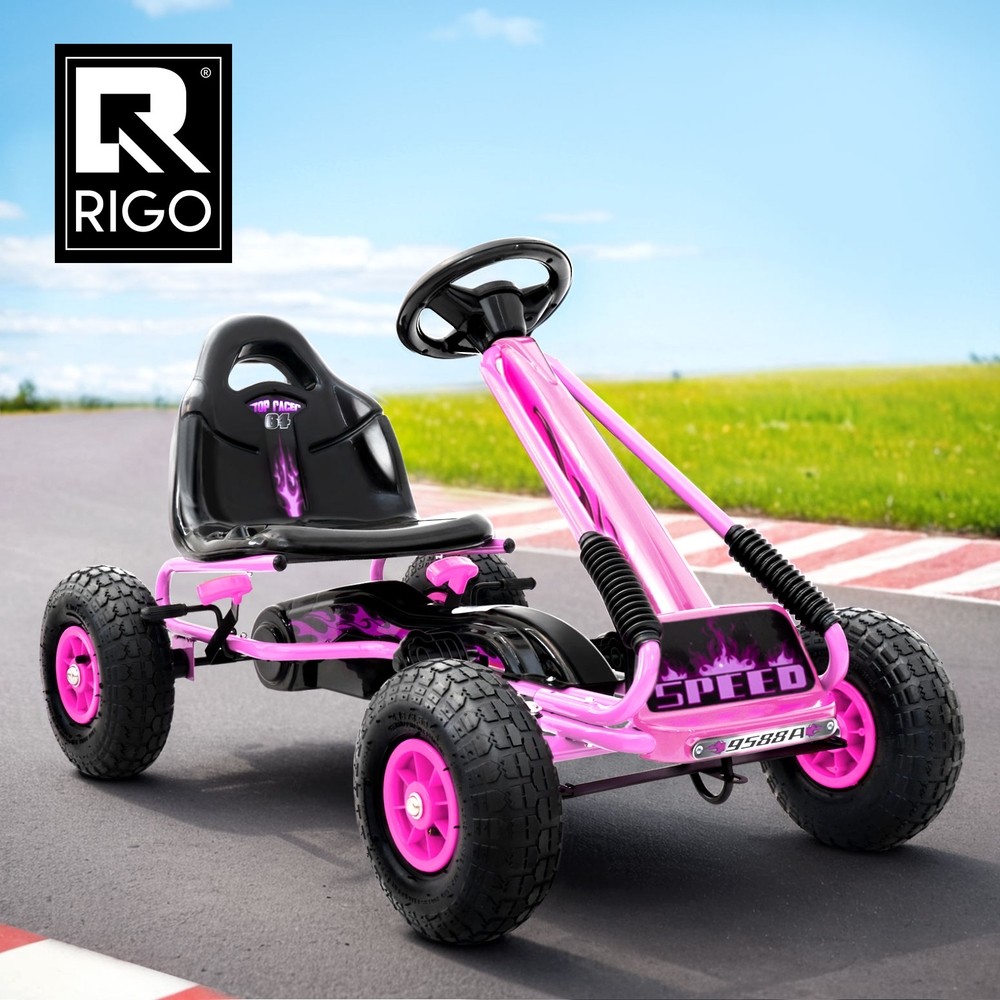 RIGO Kids Pedal Go Kart Steel Frame Adjustable Seat Pink Rubber Tyres 3 Years