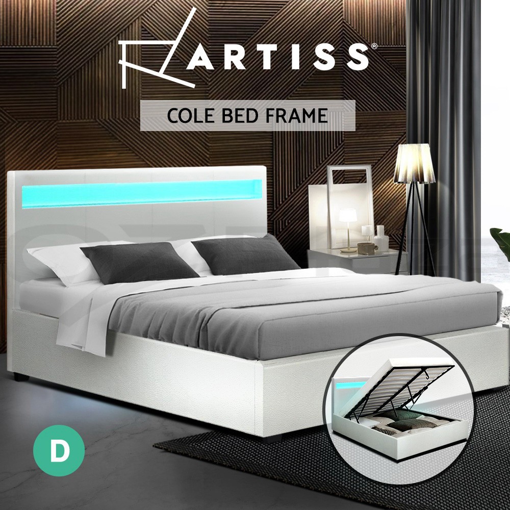 Artiss Cole Gas Lift LED Storage Bed Frame Queen Double 16 Colours Wood Slats