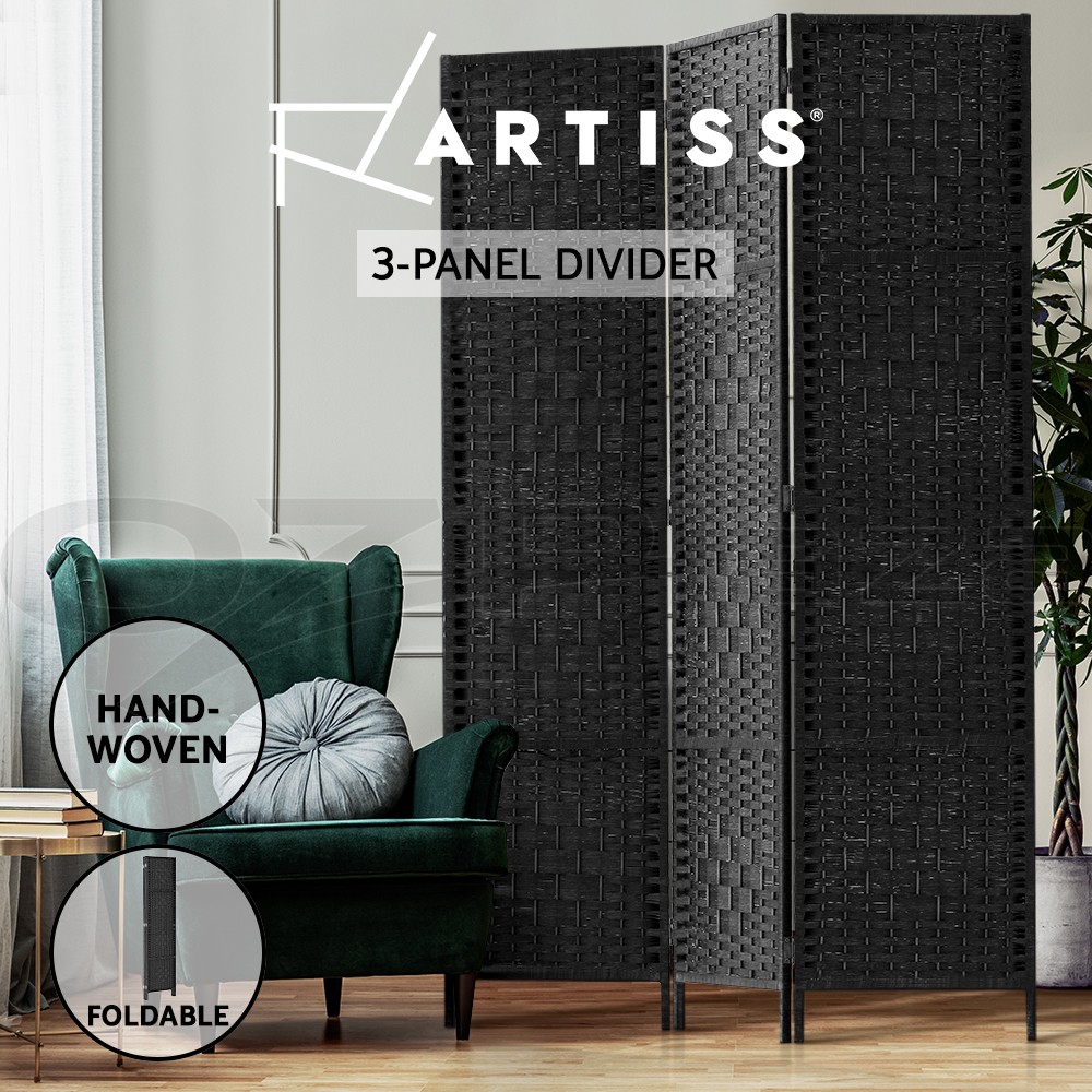 Artiss 3 Panel Room Divider Screen Folding Woven Black Privacy 123cm 2cm 170cm