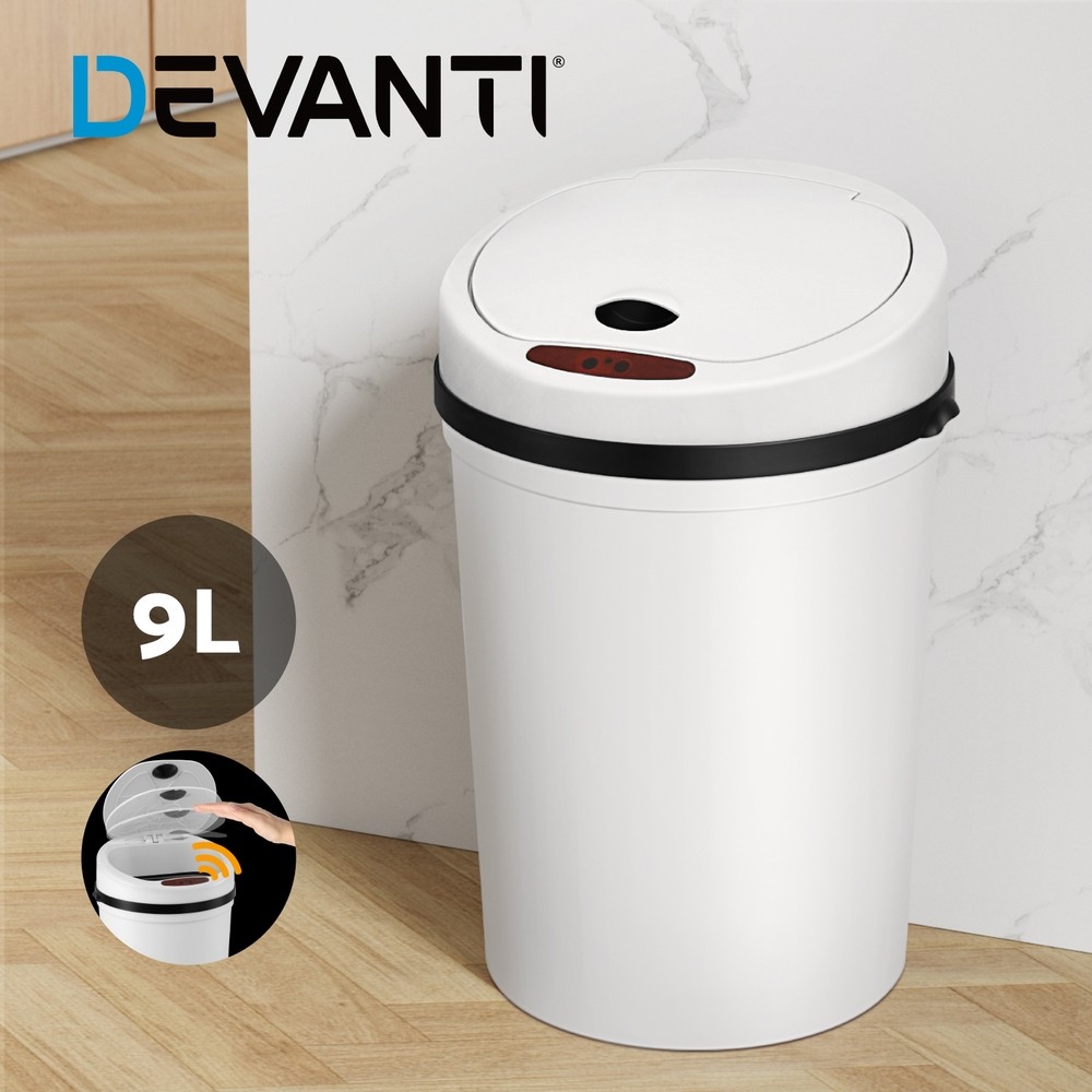 Devanti 9L Sensor Bin Motion Automatic White Hands-free Waterproof Soft Close