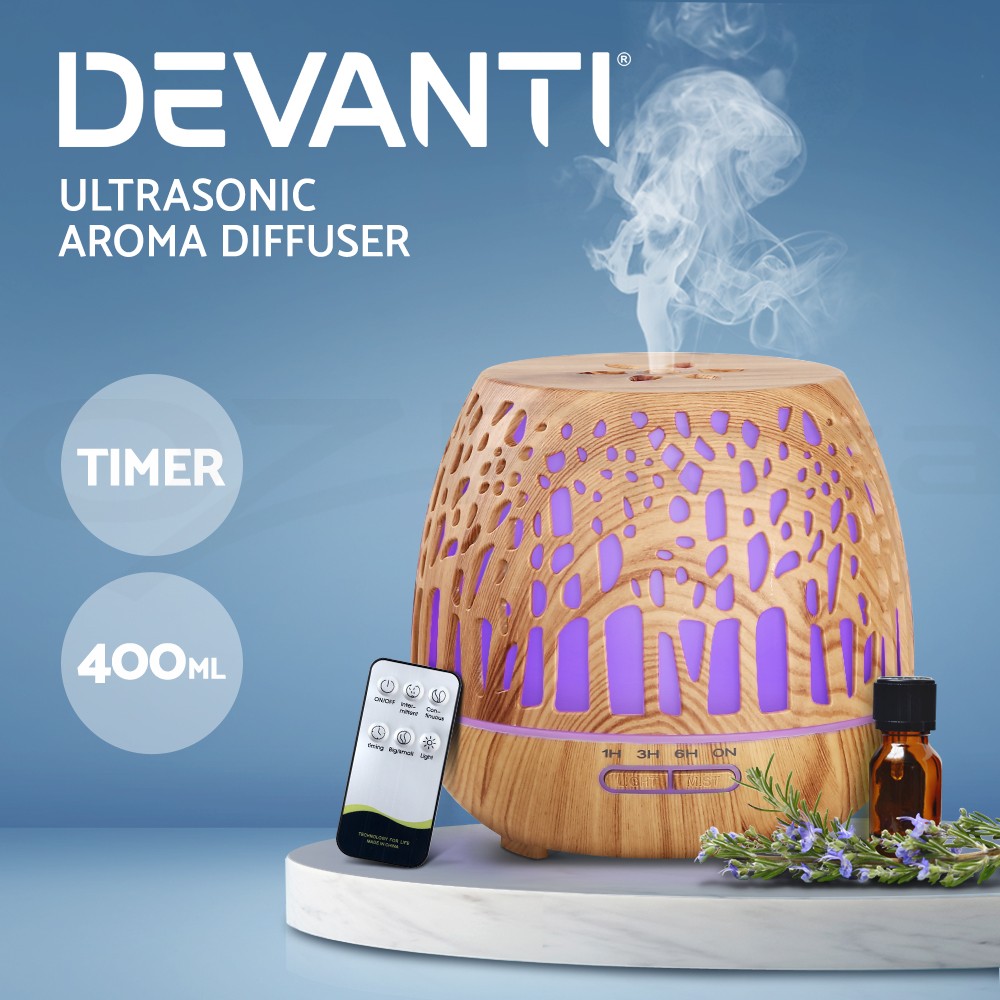 Devanti Aroma Diffuser Humidifier 400ml Woodgrain 4-in-1 7-colour Remote Control