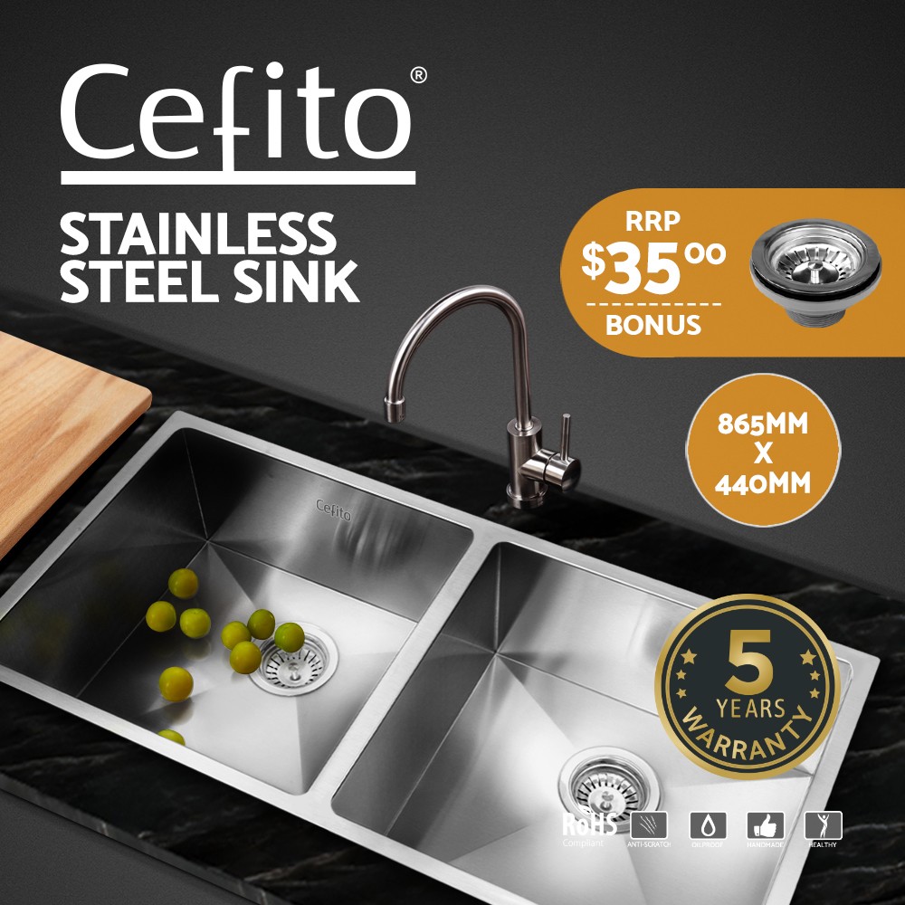 Cefito Handmade 304 Stainless Steel Kitchen Sink 86X44CM Double Bowl Silver