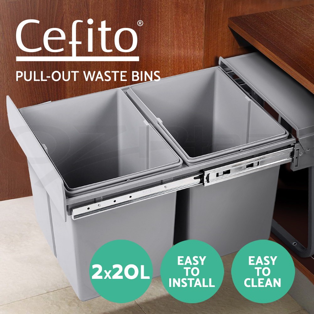Cefito Twin Pull Out Kitchen Waste Bin 2X20L Under Sink Grey Steel Frame 40L