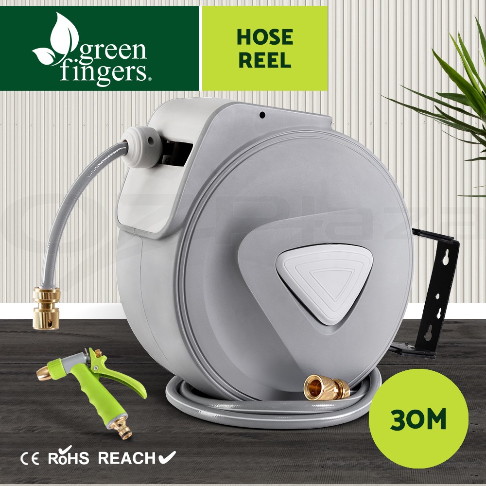 Green Fingers 30M Retractable Hose Reel Wall Mounted Auto Rewind Brass Spray Gun