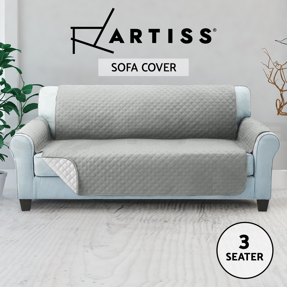 Artiss Sofa Cover 3 Seater Quilted Grey Anti-Slip Microfibre Machine Washable