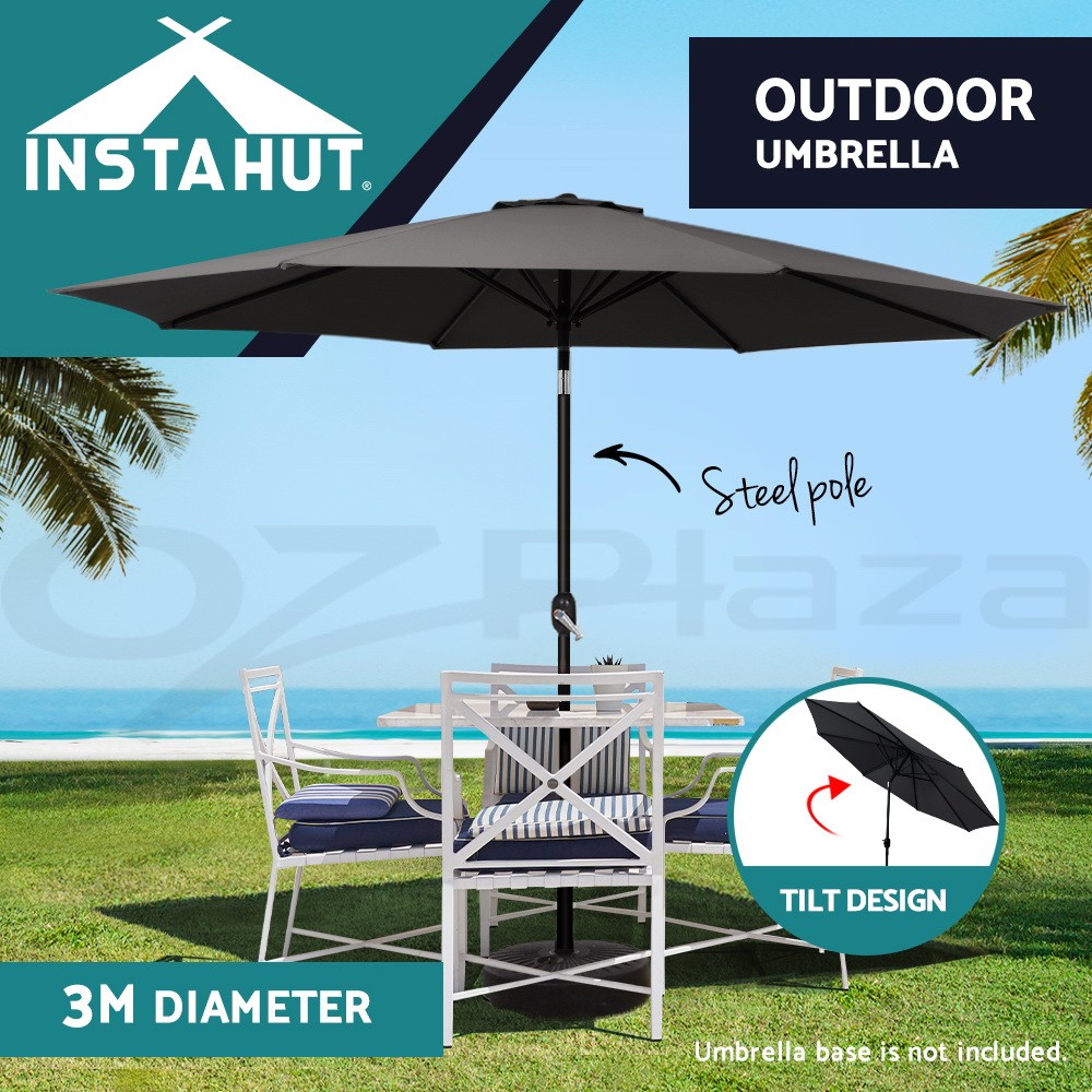 Instahut 3m Beach Umbrella Tilt Black UV Protection Polyester UMBPOLE3TILBK