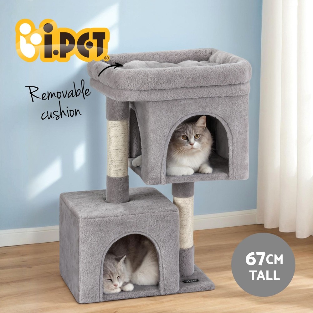 i.Pet Cat Tree Tower Scratching Post Multi-level 67cm Light Grey Plush Condo