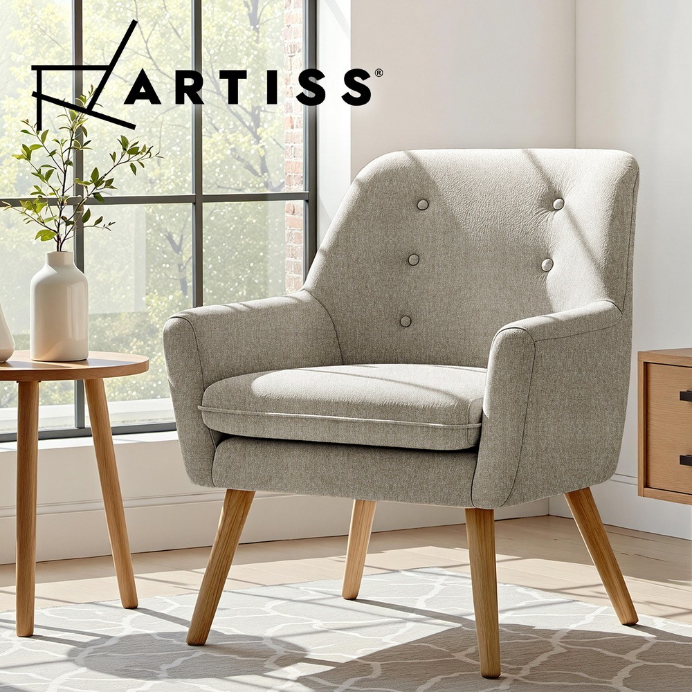 Artiss Anne Armchair Beige Tub Chair Tufted Button Design Removable Seat Cushion