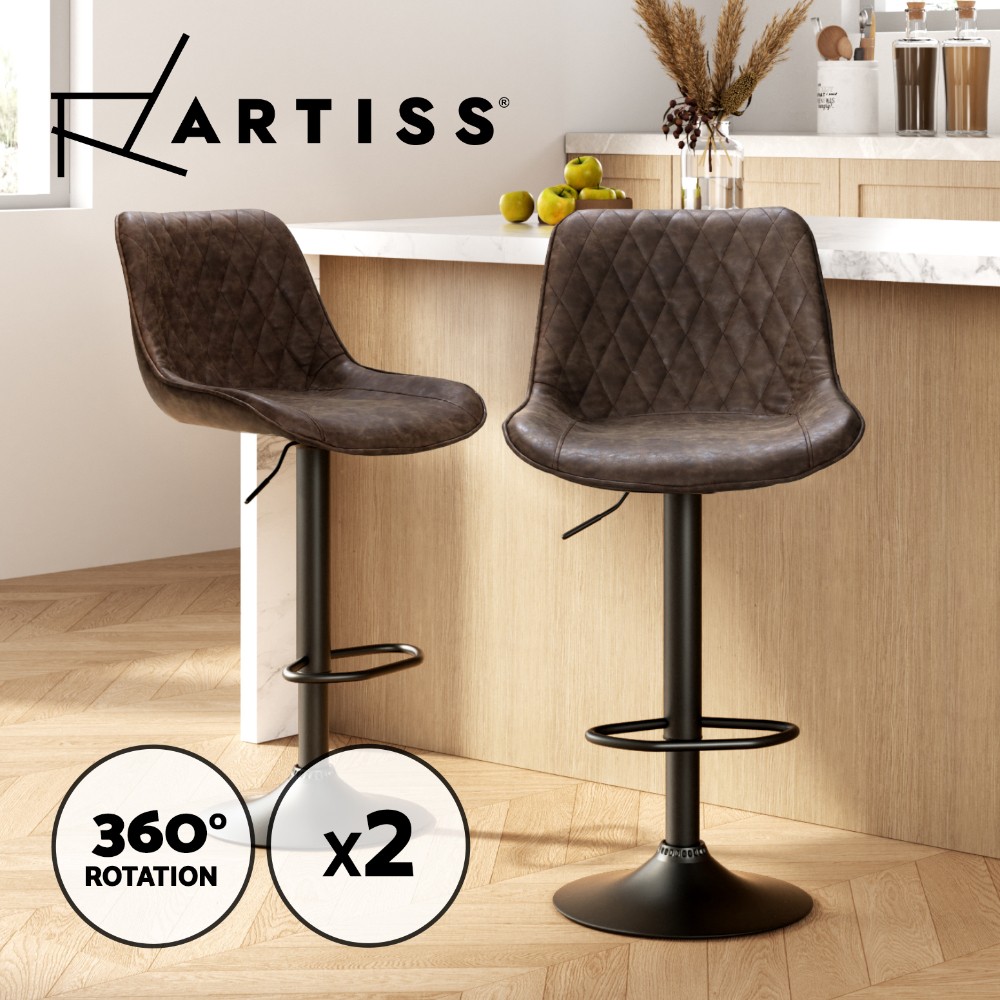 Artiss Rushal 2x Bar Stools Gas Lift Swivel Leather Brown 150kg BA-K-9976-BRX2