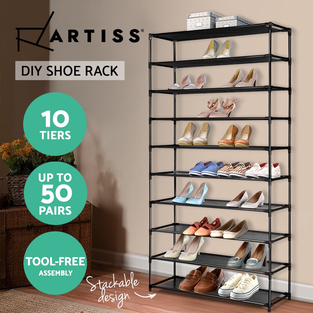 Artiss 10 Tier Shoe Rack Stackable Metal Storage 50 Pairs Black Silver 160cm