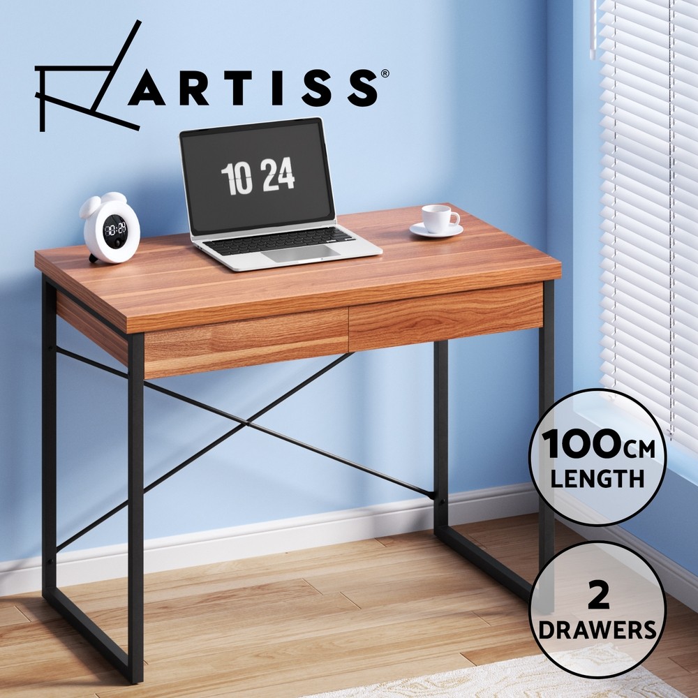 Artiss Karl Computer Desk 2 Drawer Cabinet Walnut 100cm Home Office Study 75cm
