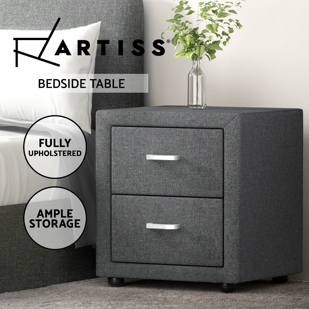 Artiss Bedside Table 2 Drawers Storage Nightstand Grey Modern Linen Fabric 46cm