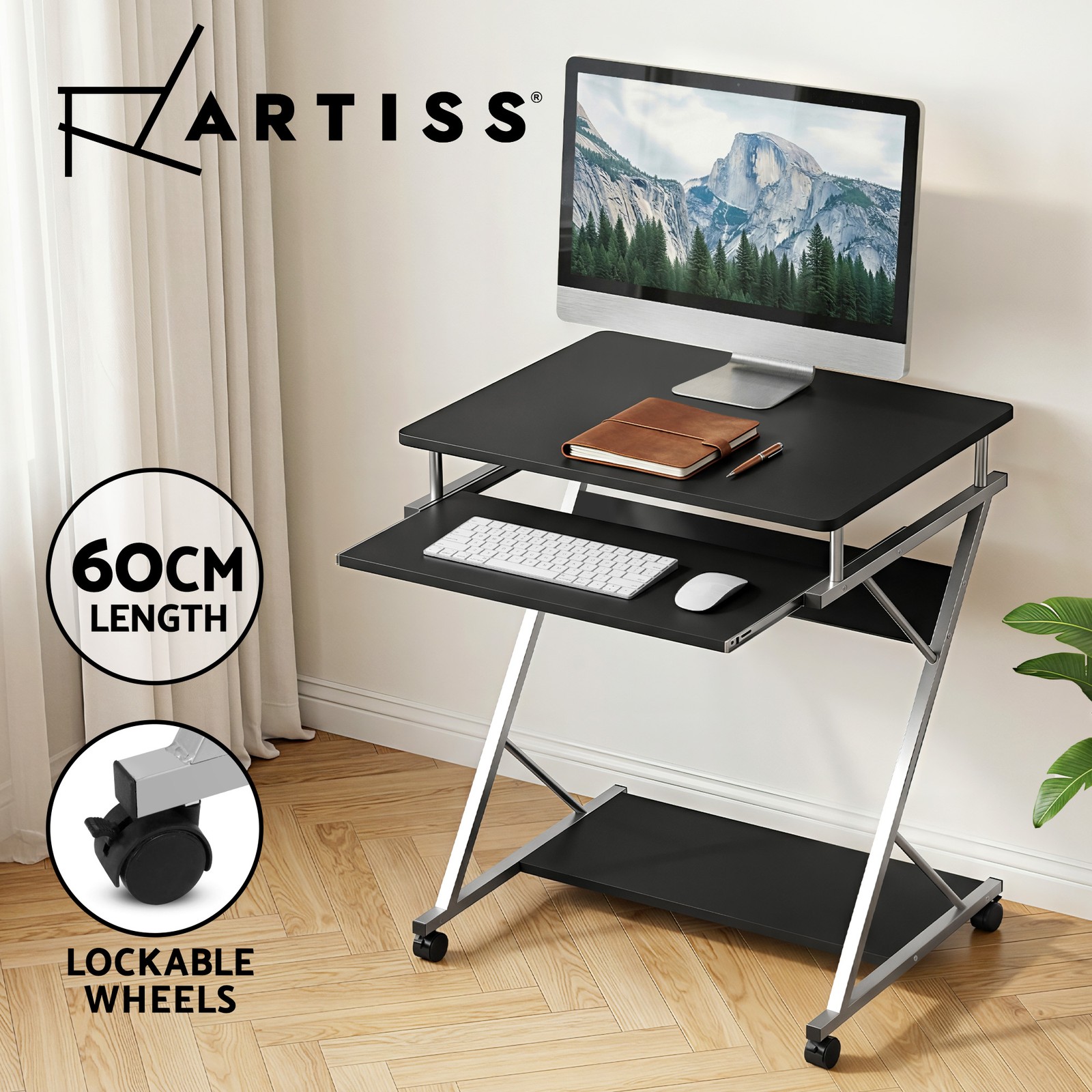 Artiss Computer Desk MET-DESK-105-BK Black Wheels Keyboard Tray Shelf 60CM 15mm
